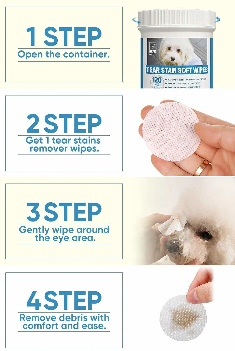 Pet Eye Wipes Pet Tear Stain Wipes Eye Tear Stain Remover Wipes Natural Tear Eye Stain Remover Pads for Pets Cleansing